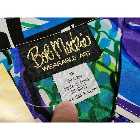 Bob Mackie Wearable Art Silk Shirt Green Blue Cat Parrot Monkey Print 1X PLUS - Picture 3 of 11